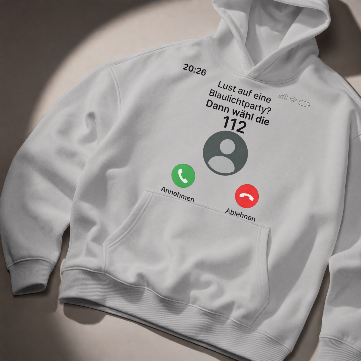 Blaulichtparty Hoodie mit 112-Anruf-Motiv