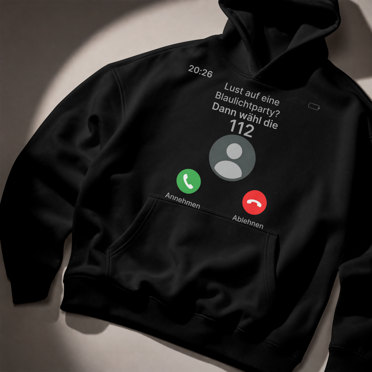 Blaulichtparty Hoodie mit 112-Anruf-Motiv