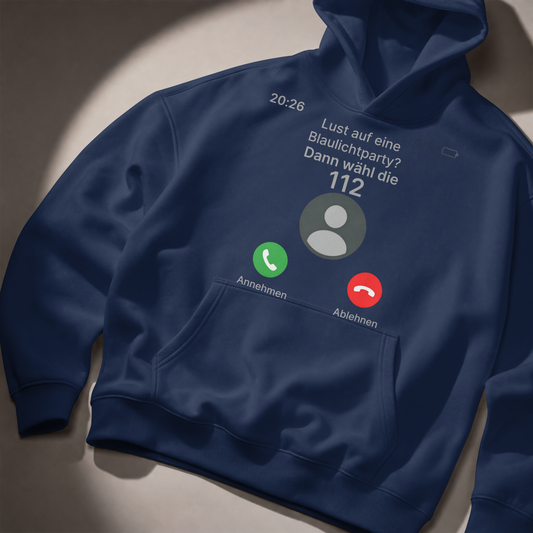 Blaulichtparty Hoodie mit 112-Anruf-Motiv
