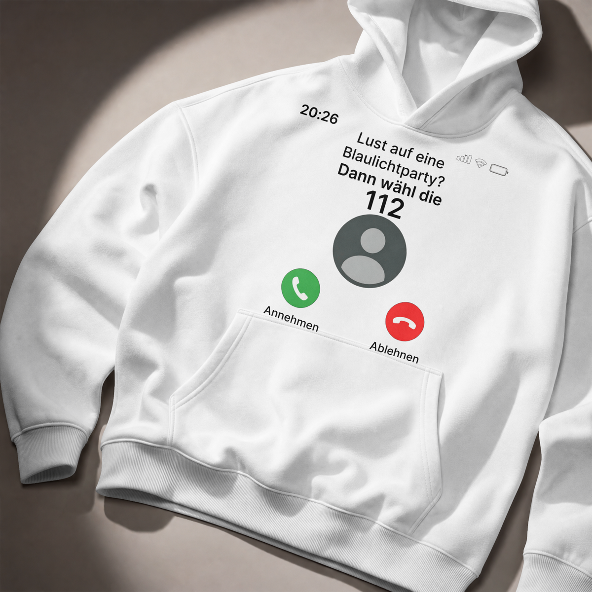 Blaulichtparty Hoodie mit 112-Anruf-Motiv